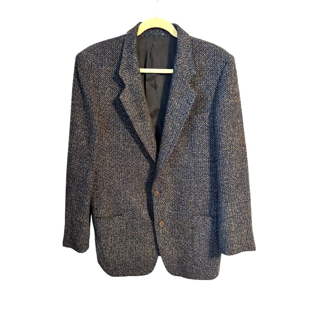 Vintage German Tweed Blazer Jacket Ferla Wool Alpaca Blue Gray Herringbone 40